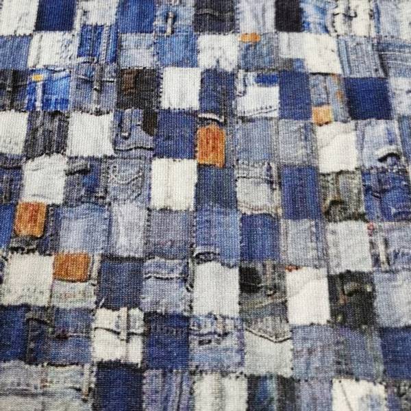 Bilde av Viskosejersey - 1 cm jeansblå patchwork ruter