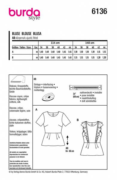 Bilde av 6136 - Burda - Bluse m/u rynkekappe