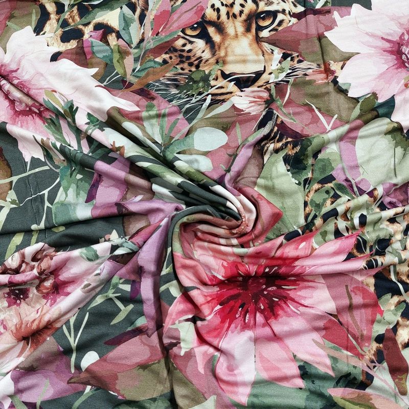 Viskosejersey - blomster og blader m. leopardhode