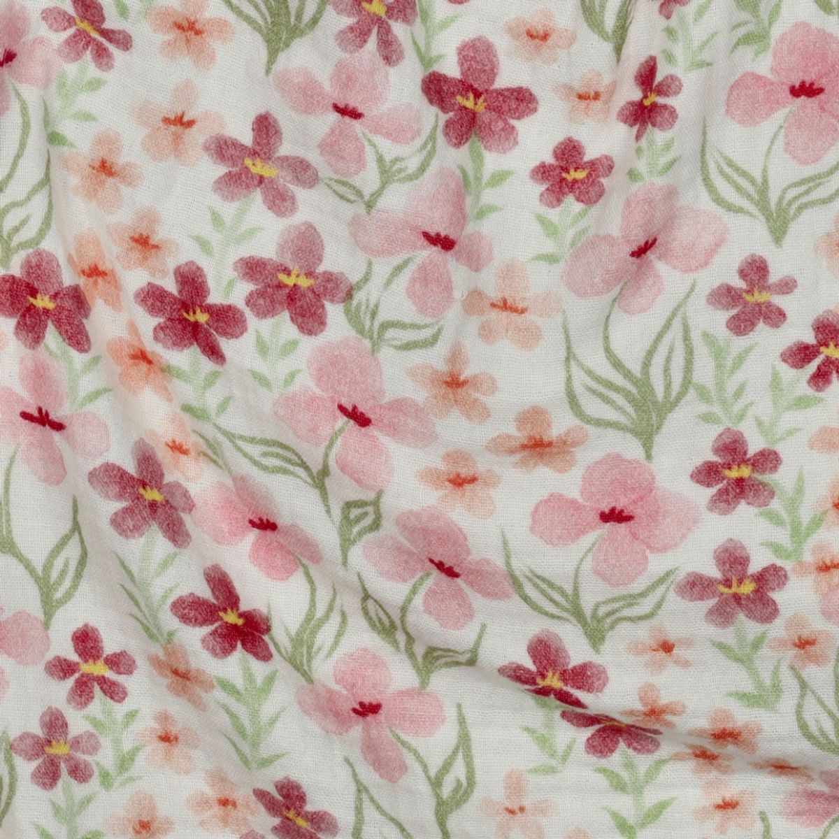 Musselin - rosa blomster på hvit