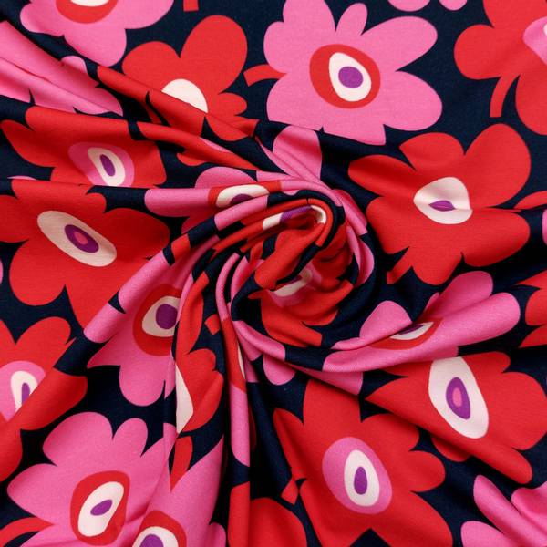 Bilde av Bomullsjersey - rød/rosa retroblomst