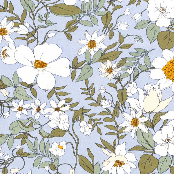 Bilde av Viskose-lin - hvite blomster på lysblå