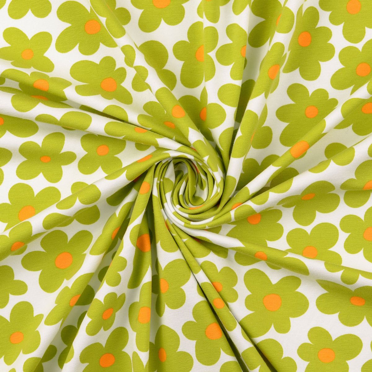 Bomullsjersey - retroblomster, lysgrønn