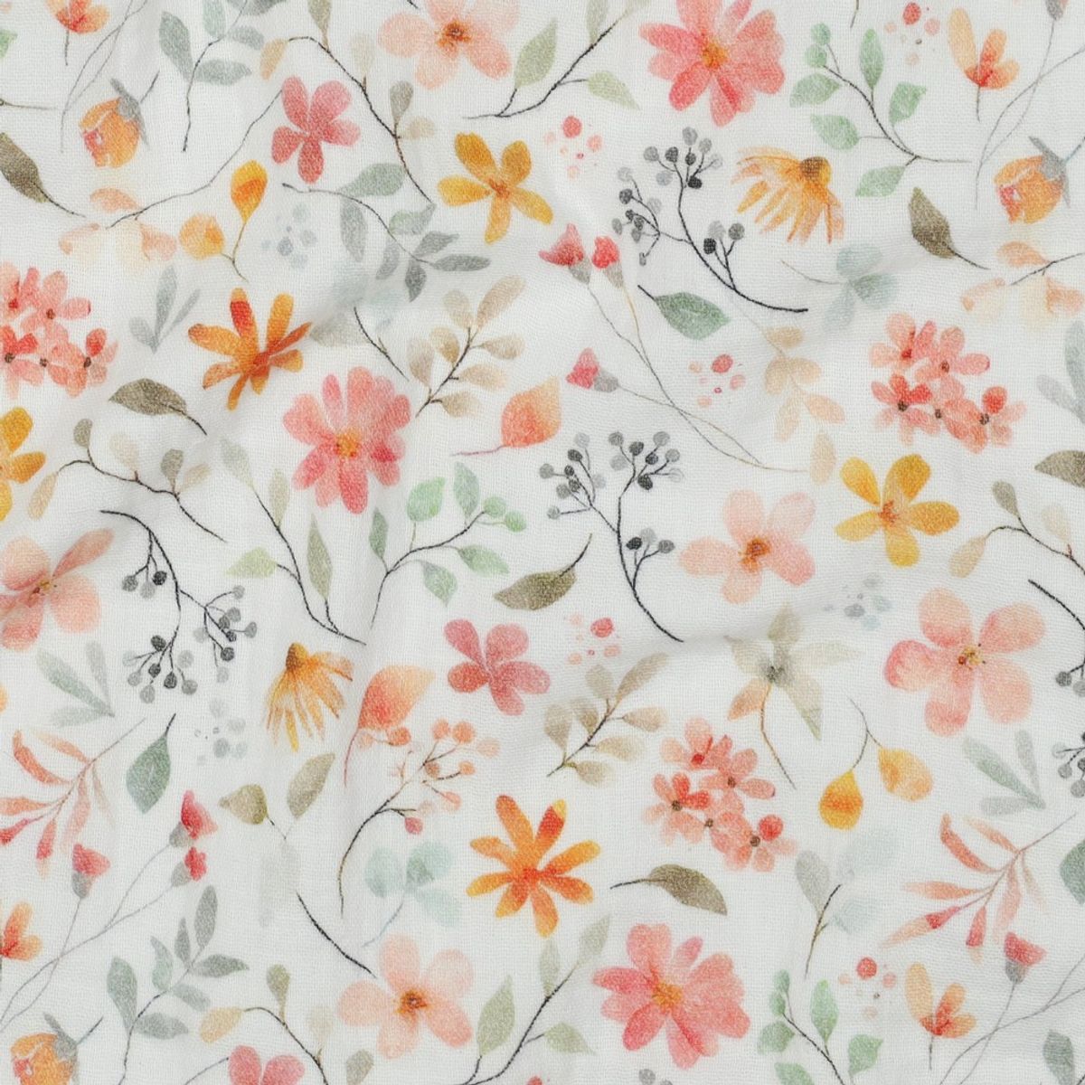 Musselin - oransje blomster på hvit