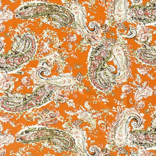 Bilde av Viskosejersey - 12 cm flerfarget paisley på brent oransje