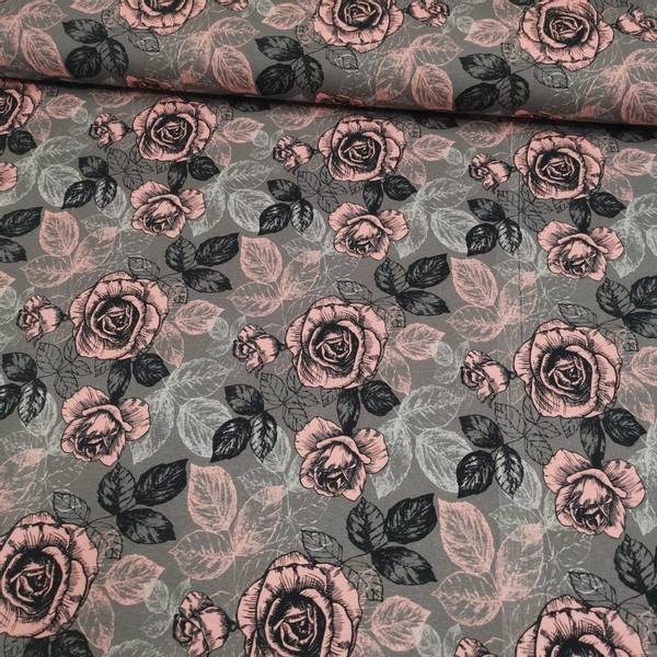 Bilde av Bomullsjersey - 4-9 cm rosa roser på grå