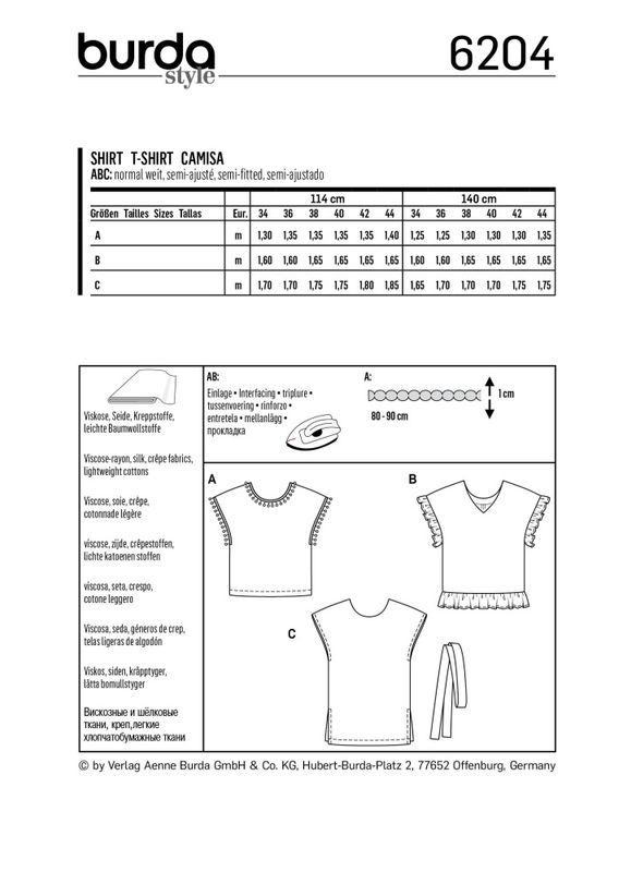 6204 - Burda - shirt i forskjellige lengder