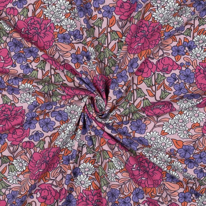 Hovedbilde 1 m Bomullsjersey - retroblomster, sterk rosa/ lilla/hvit