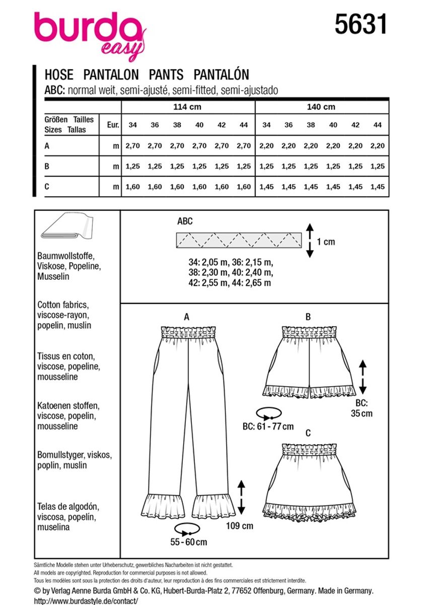 5631 - Burda - Bukse & shorts m/ rynkekappe