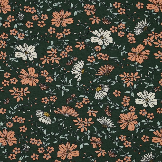 Hovedbilde 90 cm Bomullsjersey - blomster på mørkgrønn