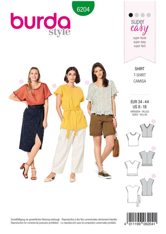 6204 - Burda - shirt i forskjellige lengder