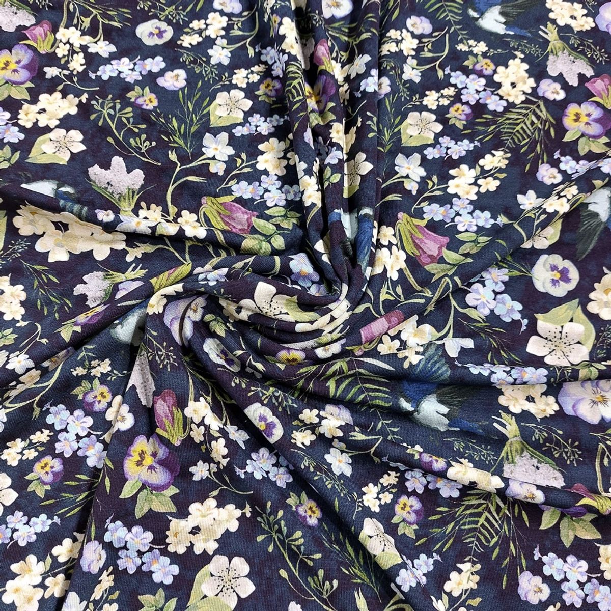 Viskosejersey - blomster og fugler, marine